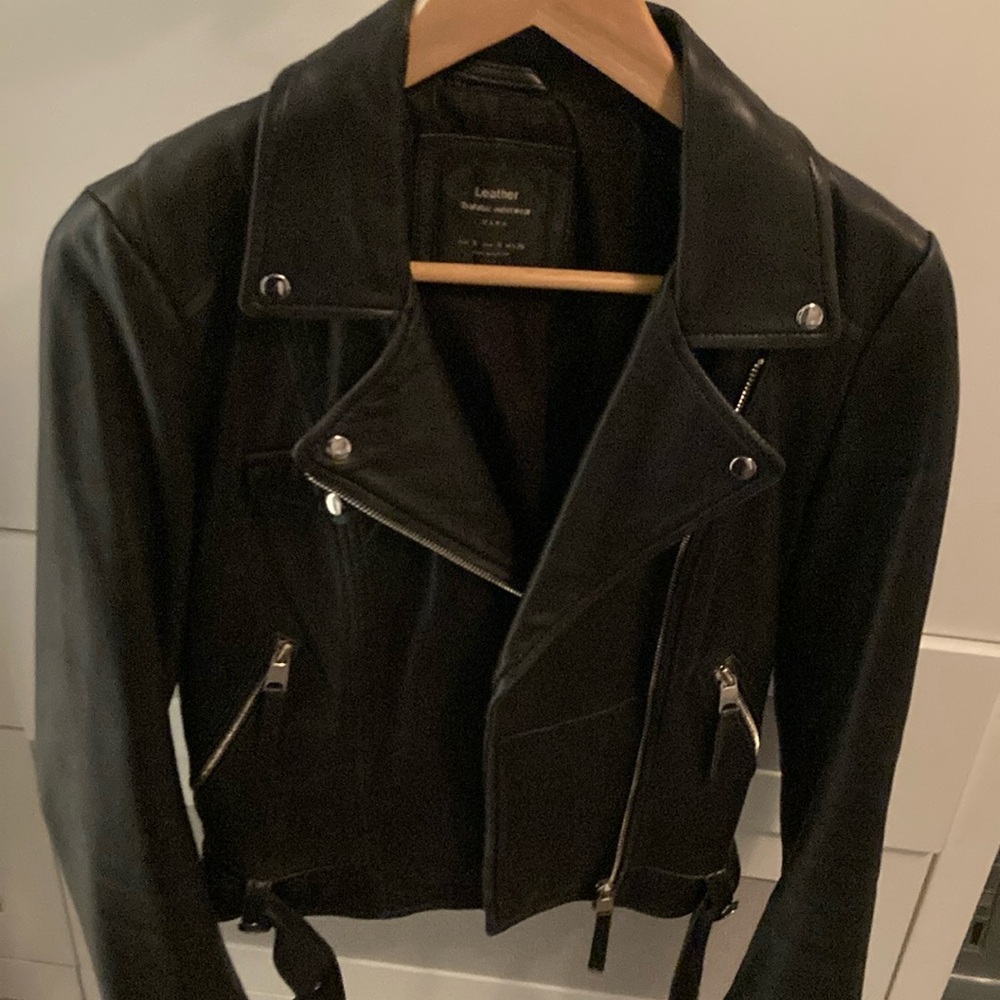 Black Zara genuine sheepskin leather moto jacket